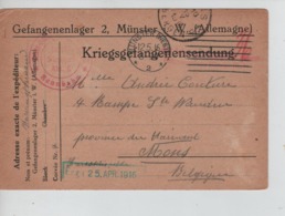 PR7450/ CP PDG-POW-KFS Munster 1916 > Mons C.d'arrivée Censure Geprüft - Prisonniers