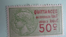 France 1920  Timbre Fiscal Quittances Au-dessus De 100F Jusqu'à 1000F (50c Vert Et Rouge) Neuf Avec Gomme - Sonstige & Ohne Zuordnung