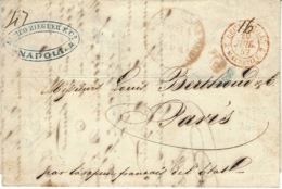 1852- Lettera Da Napoli Per Parigi Entrata DEUX SICILES 2 MARSEILLE 2 Rossa + " Par Vapeur Français De L'Etat " - Marques D'entrées