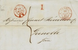 1849- Lettre De GENEVE  Pour Grenoble - Taxe 5 + 1 D. Entrée GENEVE 1 FERNEX 1 Rouge - Entry Postmarks