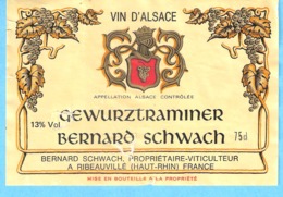 Etiquette-Vin D'Alsace-Gewurztraminer-Bernard Schwach , Viticulteur à Ribeauvillé - Gewürztraminer