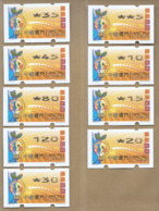 MACAU ENERGY SAVING 2002 ATM LABELS NAGLER N104 TYPE MACHINE SET OF 9, LIGHT ERROR PRINT - Distributori