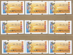 MACAU ENERGY SAVING 2006 ATM LABELS NAGLER N714 TYPE MACHINE SET OF 9, W\FIGURES SHIFTED RIGHT PRINT - Automatenmarken