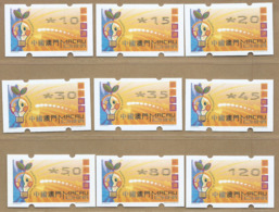 MACAU ENERGY SAVING 2006 ATM LABELS NAGLER N714 TYPE MACHINE SET OF 9, W\FIGURES SHIFTED RIGHT PRINT - Distributori