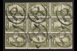 1928-29 $1 Olive-green Parliament Buildings, SG 285, Used BLOCK Of 9 Cancelled By Large "R" In Oval Registration Cancels - Other & Unclassified