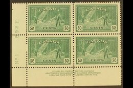 1946 50c Lumbering, SG 405, Uni 272, Very Fine Mint Corner Plate Block (No 1), Top Pair Hinged.  For More Images, Please - Autres & Non Classés