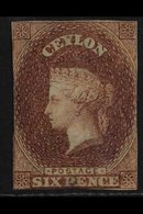 1857 6d Purple-brown On Blued Paper, SG 1, Unused No Gum, Margins Mostly Just Brushing The Frame Lines, Small Thin, Very - Ceilán (...-1947)