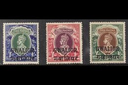 GWALIOR 1938-48 5r Green & Blue, 10r Purple & Claret And 15r Brown & Green Overprints, SG 114/16, Never Hinged Mint. (3  - Autres & Non Classés