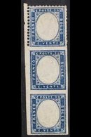 1862 20c Indigo, Vertical Marginal Strip Of 3, The Top Stamp Perforated On 3 Sides, The Bottom 2 Stamps Without Perforat - Sin Clasificación