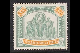 FEDERATED MALAY STATES 1928 $25 Green And Orange Elephants, Wmk Mult Script CA, SG 82, Mint With Lovely Fresh Appearance - Otros & Sin Clasificación