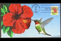 HAND PAINTED FIRST DAY COVER 1991 Flower "F" Stamp, Scott 2517, Used On Hand Painted FDC Showing A Hummingbird And Hibis - Altri & Non Classificati