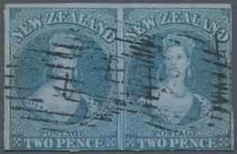 Neuseeland: 1855-58 'Chalon Head' 2d. Blue On Blue Paper W/o Watermark, Horizontal Pair Used And Can - Other & Unclassified