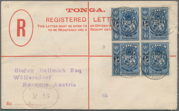 Tonga: 1913 (16.1.), Coat Of Arms ½d. Indigo Block Of Four Used On Front Of 6d. Registered Letter Fr - Tonga (...-1970)