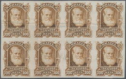 Brasilien: 1878-79, 300 R. Bister Imperf Block Of Eight On White Wove Paper, Two Vertical Crease, Ve - Other & Unclassified