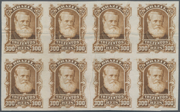 Brasilien: 1878-79, 300 R. Bister Imperf Block Of Eight On White Wove Paper, Two Vertical Crease, Ve - Autres & Non Classés