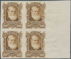 Brasilien: 1878-79, 300 R. Bister Imperf Block Of Four On White Wove Paper, Mint No Gum, Right Corne - Other & Unclassified