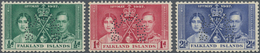 Falklandinseln: 1937, Coronation Issue Perforated 'SPECIMEN' Complete Set Of Three, Mint Hinged And - Falklandinseln