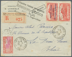 Reunion: 1937, "ROLAND GARROS" Flight, 50c. Red Vertical Pair Showing Variety "LOWER STAMP WITHOUT O - Unused Stamps