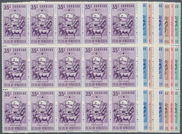 Venezuela: 1953, Coat Of Arms 'COJEDES' Normal Stamps Complete Set Of Seven In Blocks Of 15 From Lef - Venezuela