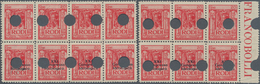 Ägäische Inseln: RHODOS: 1929, 20 C Red In Block Of 8 And Block Of 6, Lower Four And Three Stamps Wi - Egeo