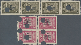 Ägäische Inseln: RHODOS: 1929, 5 L Violet In Block Of 4 And 10 L Brown In Horizontal Stripe Of 4 Wit - Egeo