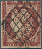 Frankreich: 1849, 1 Fr. Brown-carmine, Good Margins At Left And Right, Cut At Top, Used Grid Cancel, - Oblitérés