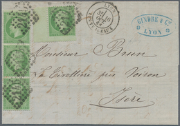 Frankreich: 1862, 5 C Green Napoleon, Vertical Strip Of 3, Together With A Further Stamp From Left S - Oblitérés