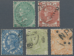 Großbritannien: 1862-1876, Five Different Used Stamps, See SG Numbers. The 1s. Of 1862 With A Short - Autres & Non Classés