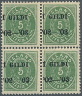 Island: 1902, Gildi Overprints, 5a. Green, Perf. 12¾, BLACK Overprint, Block Of Four, Bright Colour, - Altri & Non Classificati