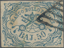 Italien - Altitalienische Staaten: Kirchenstaat: 1852, 50 Baj. Blue Cancelled With Rhombus Stamp, Th - Estados Pontificados