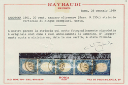 Italien - Altitalienische Staaten: Sardinien: 1861, 20 C Ultramarine In Vertical Stripe Of Five Canc - Sardinia