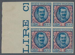 Italien: 1901, 5 L Blue/rose In Block Of Four From Left Print Sheet Margin, Imperforated, Mint Never - Ongebruikt