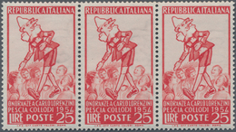 Italien: 1954, 25 L Red Horizontal Stripe Of Three, Mint Never Hinged (Sass. 3x 650.-) ÷ 1954, 25 L - Mint/hinged