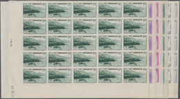 Monaco: 1946, Pictorial Definitives Complete Set Of Six In IMPERFORATE Blocks Of 25 From Lower Corne - Unused Stamps