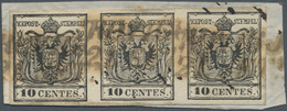 Österreich - Lombardei Und Venetien: 1854, 10 C Schwarz, Type III, Maschinenpapier, Waagerechter 3er - Lombardo-Vénétie