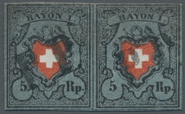 Schweiz: 1850; Rayon I 5 Rappen Schwarz/zinnoberrot Auf Blau Im Waagerechten Paar Der Typen 15/16, J - Usados