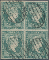 Spanien: 1856, Isabella 1 Real Green-blue With Watermark Crossed Lines On Transparent Rough Grey-whi - Other & Unclassified