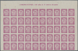 Spanien: 1938, Numeral Definitive 25c. Lilac On Grey Paper IMPERFORATE Half Sheet (50 Stamps) From U - Sonstige & Ohne Zuordnung