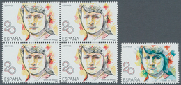 Spanien: 1988, Prominent Woman 20pta. ‚Maria De Maeztu‘ With BLUE COLOUR OMITTED Block Of Four With - Sonstige & Ohne Zuordnung