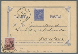 Spanien - Zwangszuschlagsmarken Kriegssteuermarken: 1878, 5 C. Postal Stationery Card With Attached - Revenue Stamps
