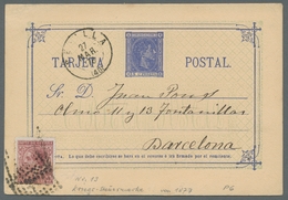 Spanien - Zwangszuschlagsmarken Kriegssteuermarken: 1878, 5 C. Postal Stationery Card With Attached - Fiscales