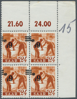 Saarland (1947/56): 1947, 6 Fr. Auf 24 Pfg., KOPFSTEHENDER AUFDRUCK, Eckrand-4er-Block Rechts Oben, - Nuevos