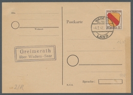 Saarland (1947/56) - Besonderheiten: "Greimerath über Wadern-Saar", Klarer Abschlag Des Landpoststem - Autres & Non Classés