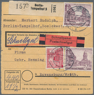 Berlin: 2 Mal 2 DM Mit 40 Pf. Bauten Zusammen Auf Paketkarte Für 1 Schnellpaket Ab Berlin-Tempelhof - Briefe U. Dokumente