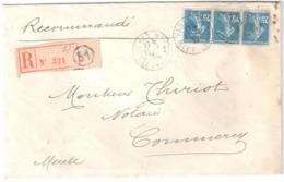 PARIS 51 R Lepeltier Lettre Recommandée 25c Semeuse Camée Bleu Yv 140 Bande De 3 Ob 1923 Exp Agente Change Perquel Verso - Brieven En Documenten