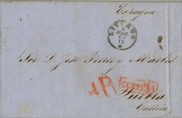 1864 , LIVORNO / PUEBLA DEL CARAMIÑAL , MARCA DE LLEGADA " CERDEÑA " EN ROJO  , TORINO , GENOVA , IRÚN , NOYA - ...-1850 Prefilatelia