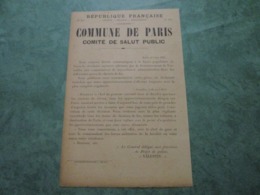 COMMUNE DE PARIS - Comité De Salut Public - Embargo Alimentaire (5 Mai 1871) - Documentos Históricos
