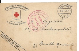 Guerre 14 18 BRUXELLES Belgique Carte CROIX ROUGE Agence Belge De Renseignements Renseignement Sur Prisonnier .........G - Kriegsgefangenschaft