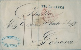 1852 , BARCELONA - GÉNOVA , MARCA " VIA DI NIZZA " , AL DORSO BAEZA DE LA JUNQUERA , FECHADOR , PORTEOS - ...-1850 Préphilatélie