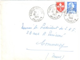 MAGNAC Sur TOUVRE Charente Lettre 20 F Muller 5 F Blason Lille Yv 1011B 1186 Ob 10 1 1959 Dest Commercy Meuse - Brieven En Documenten